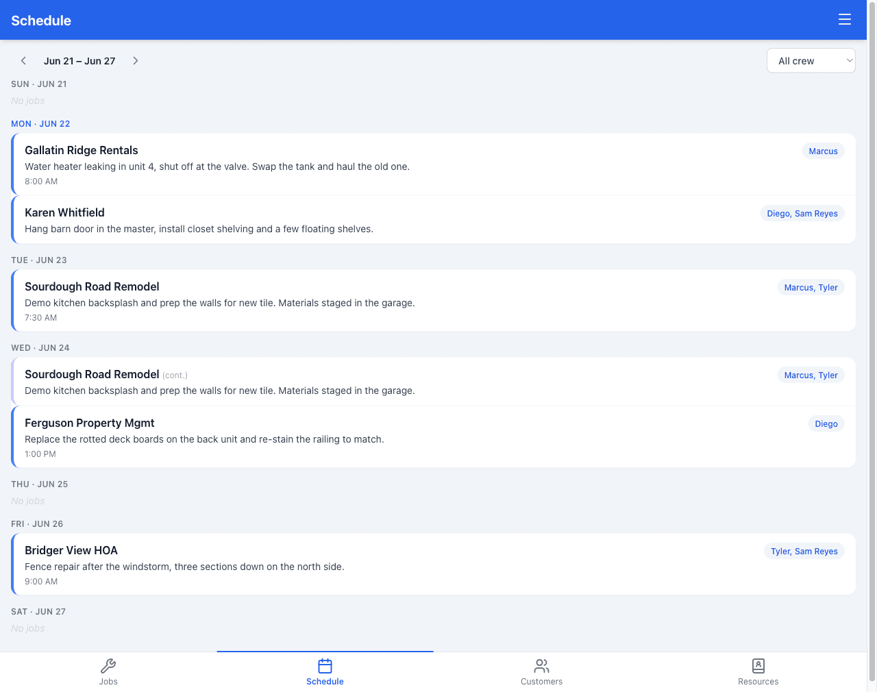 A weekly schedule view as a vertical day-by-day agenda, each day listing job cards with customer, assigned crew, and a time, with today's day highlighted and a multi-day job marked as a continuation